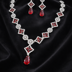 Nexli Ruby Grid American Diamond Necklace Set