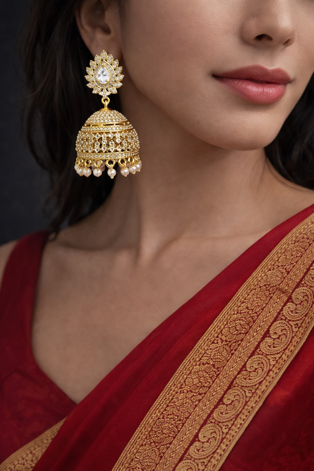 Classic Pearl Drop American Diamond Jhumka Earrings - Image 2